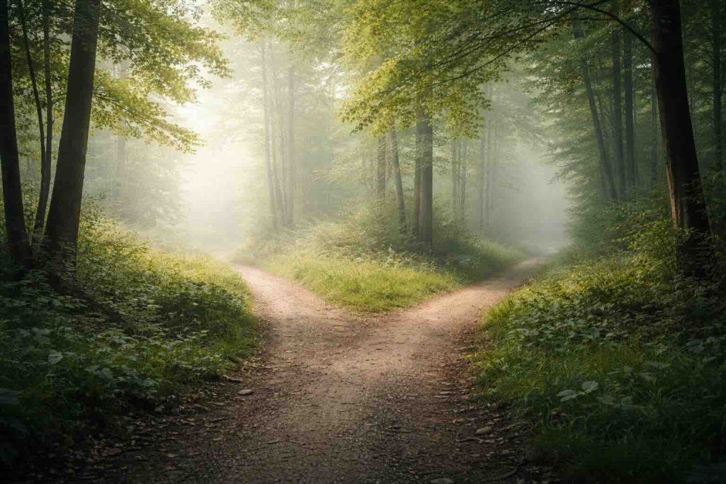 Stille skovsti med delt vej som symbol på forskel mellem ADD og ADHD
