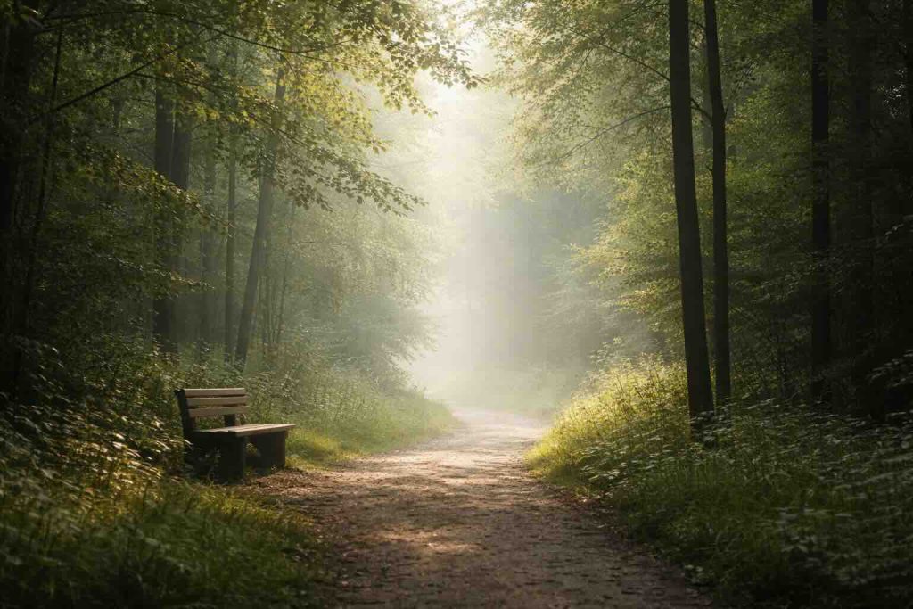 Sti i rolig skov med blødt lys som symbol på ADHD og opmærksomhedsregulering
