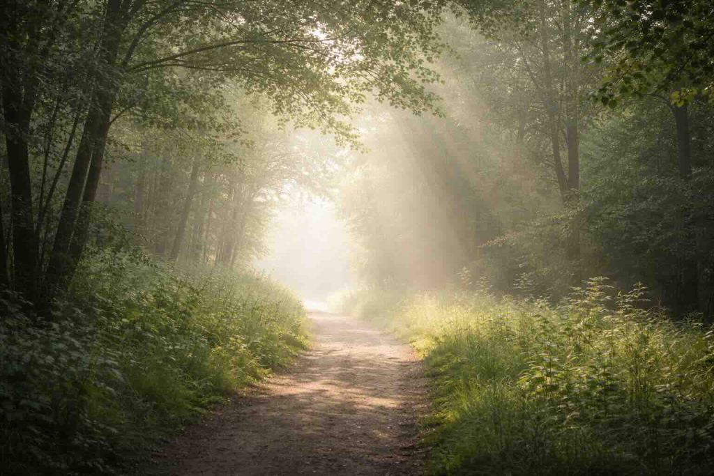 Stille skovsti i blødt morgenlys som symbol på refleksion og ADHD kvinder symptomer
