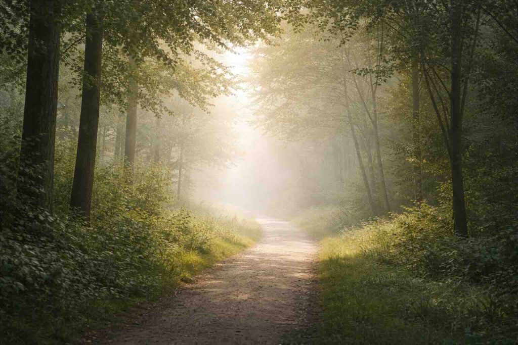 Skovsti i blødt morgenlys symboliserer overblik og forståelse af ADHD symptomer hos voksne kvinder

