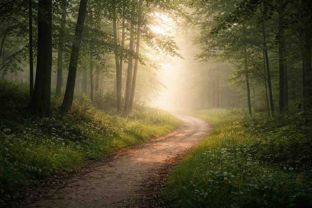Sti gennem rolig skov i blødt lys som symbol på ADHD voksne og mental klarhed
