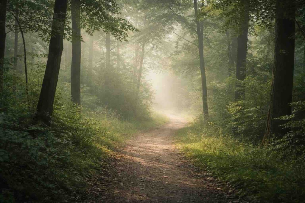 Stille skovsti i tåge med blødt lys som metafor for ADHD vredesudbrud hos voksne
