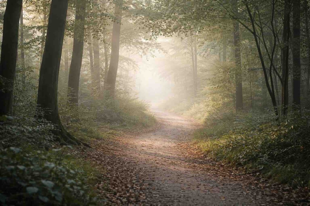Rolig skovsti i blødt lys symboliserer refleksion over om ADHD er en psykisk sygdom

