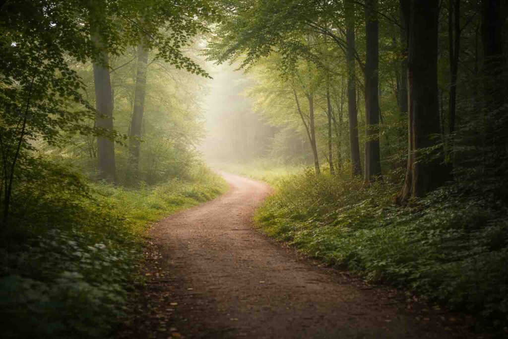 Rolig skovsti i blødt lys som symbol på refleksion og tegn på har jeg ADHD
