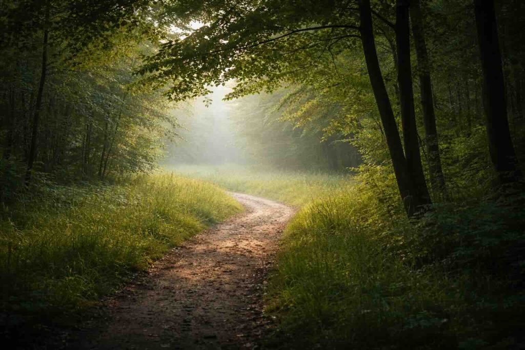 Stille skovsti i blødt lys som symbol på refleksion over har jeg ADHD symptomer hos kvinder
