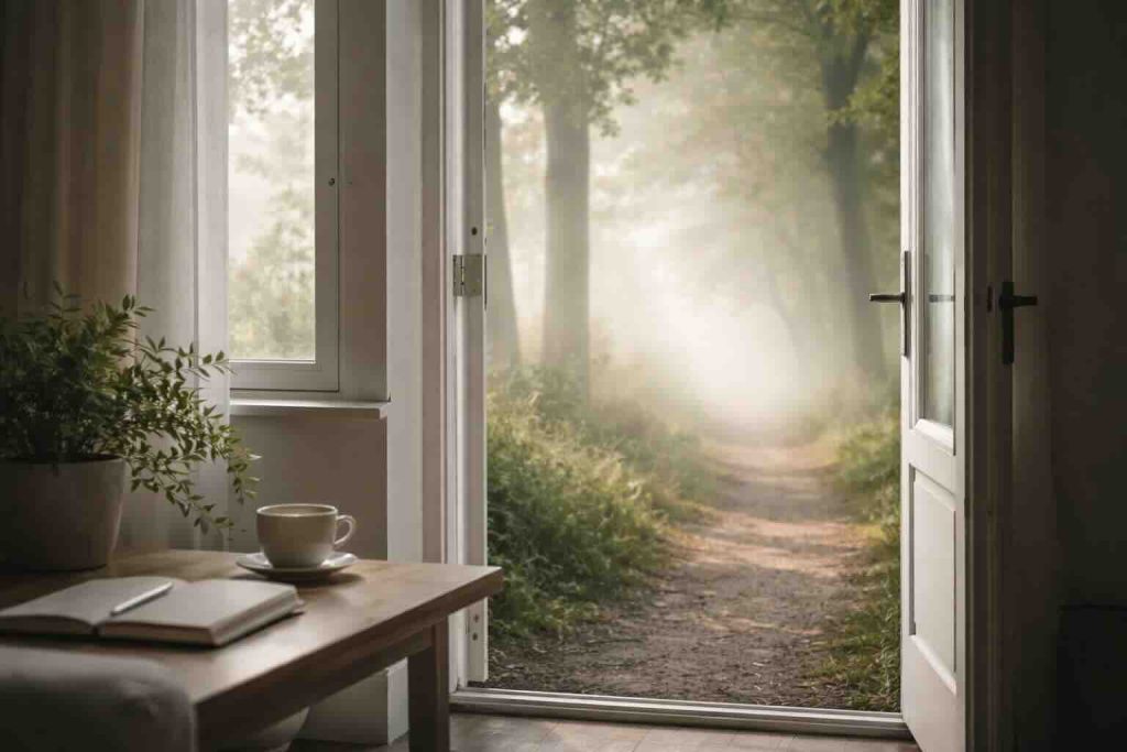 Roligt rum med åben dør mod tåget sti som symbol på hvad er ADHD symptomer hos kvinder
