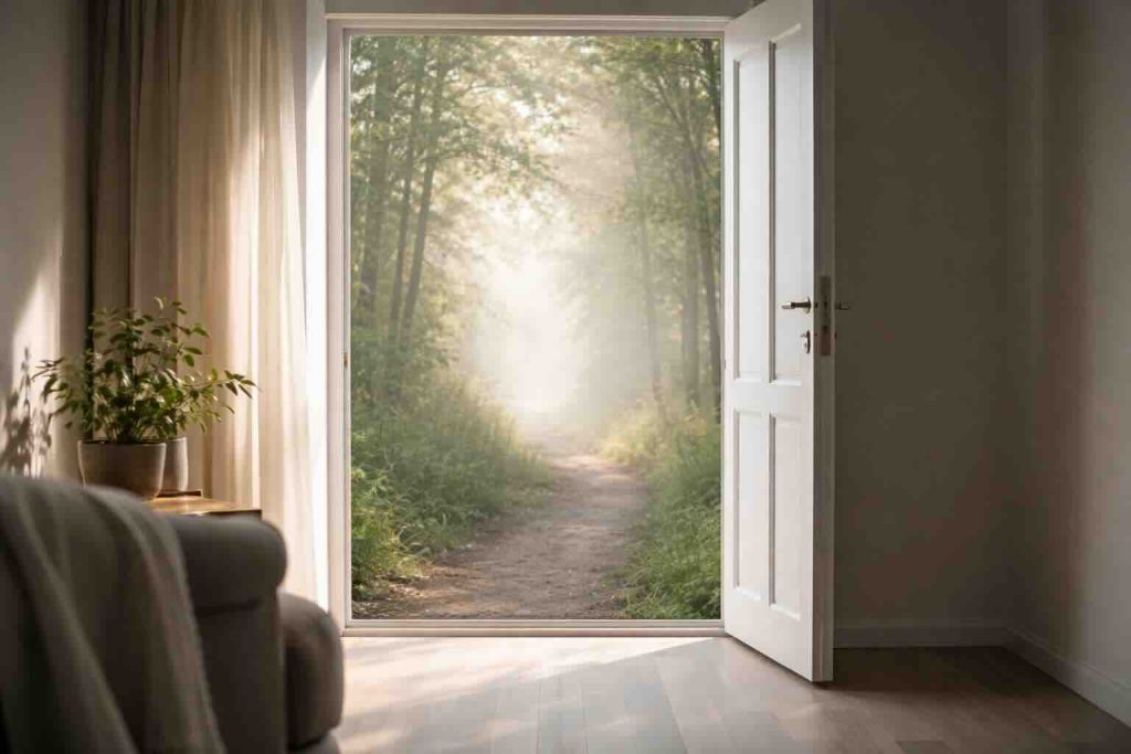 Kvinder og ADHD symptomer illustreret som rolig sti gennem tåget skov set fra åbent rum
