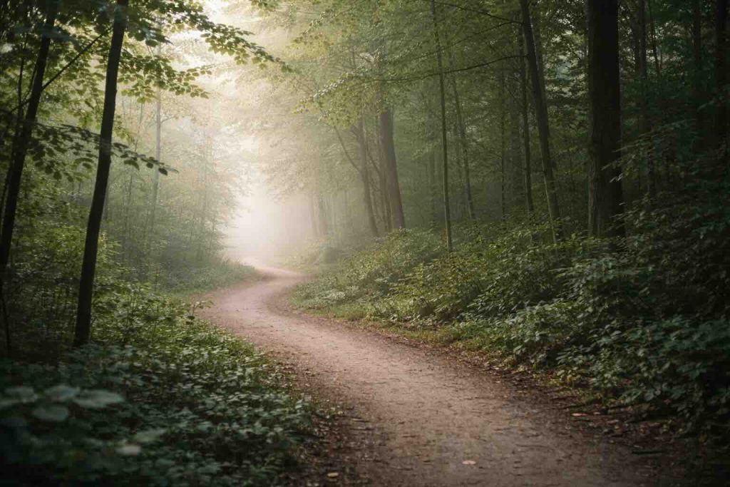 Skovsti der deler sig i to veje i blødt lys som symbol på tegn på ADHD og indre variation
