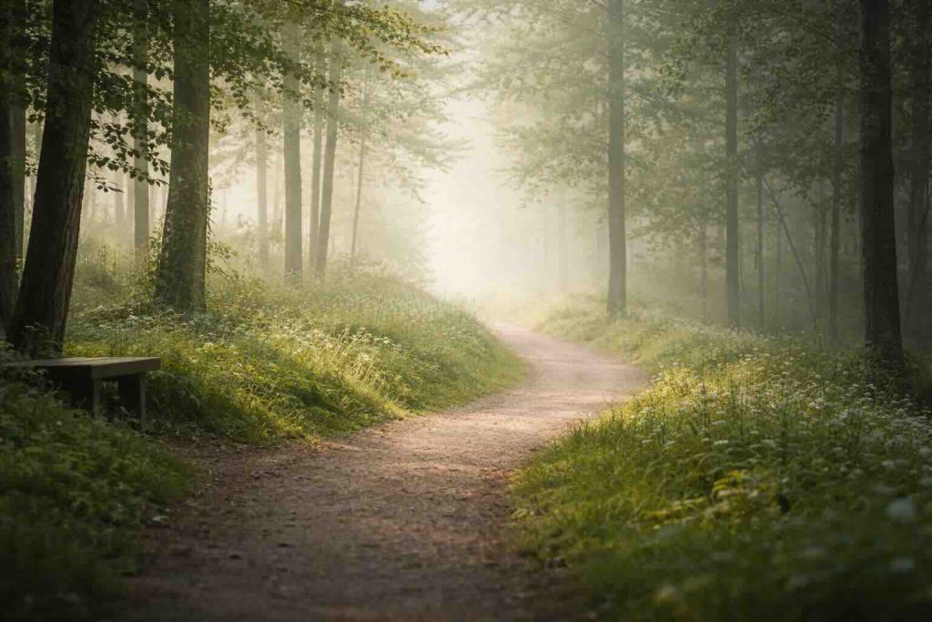 Rolig skovsti i blødt lys som symbol på tegn på ADHD hos kvinder
