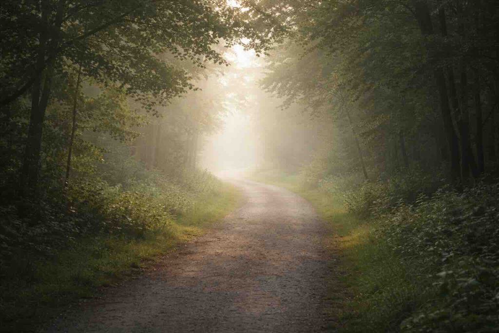 Skovsti i blødt morgenlys som symbol på refleksion og overblik ved voksne med ADHD symptomer
